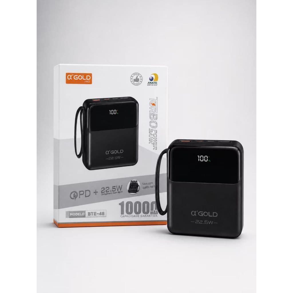 Power Bank Portátil 10000mAh α’GOLD BTE‑48, Carregamento Rápido 22.5W PD Turbo, 4 Saídas Integradas, Display Digital De