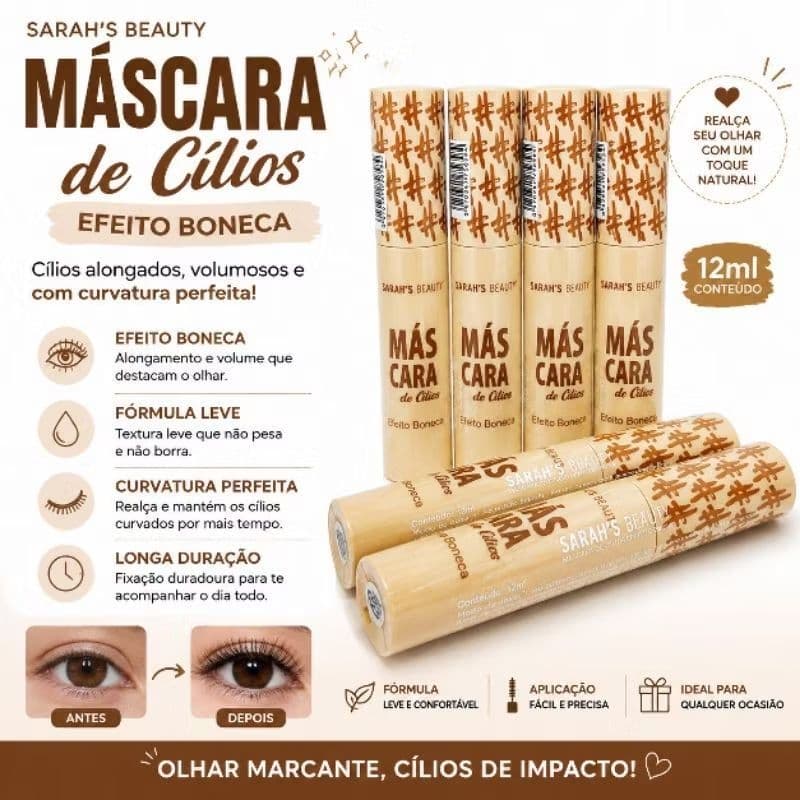 Máscara de Cílios Sarah's Beauty Super Volume Efeito Boneca Rímel Alongamento Longa Duração