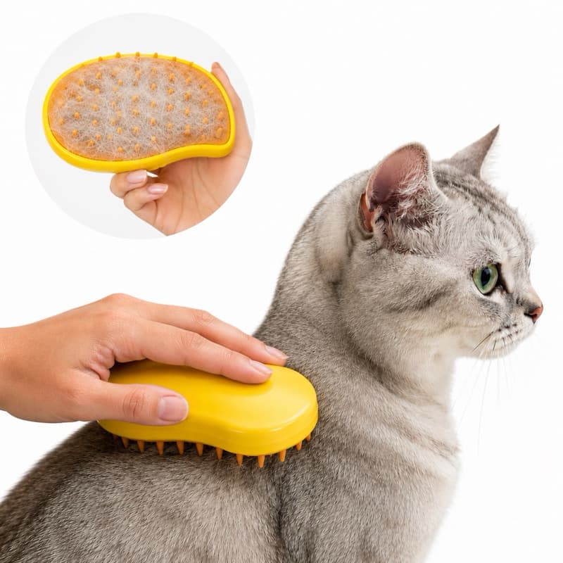 Escova a Vapor Pet 3 em 1 Recarregável USB para Gatos e Cães Remove Pelos Massageadora Silicone Spray