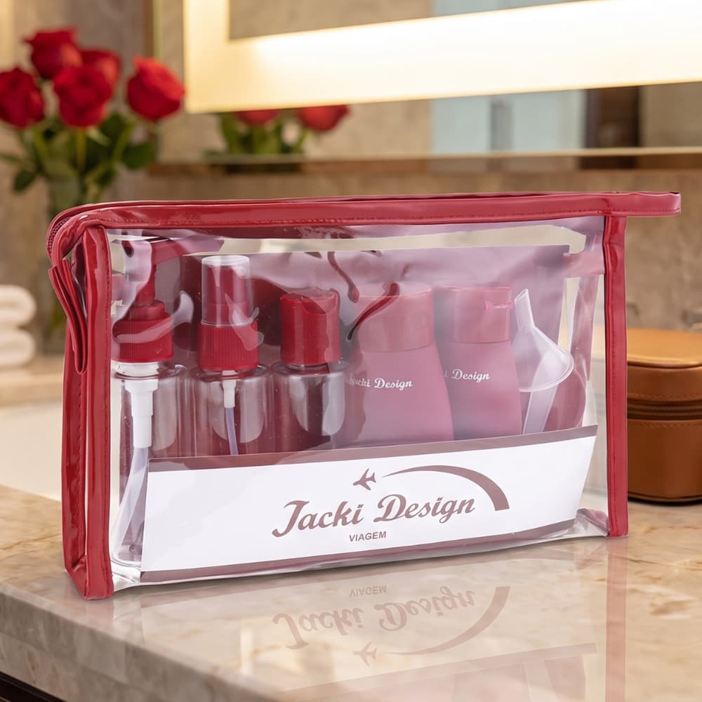 Kit Frascos para Viagem 10 Peças Jacki Design com Necessaire Transparente Spray Pump Silicone Vinho