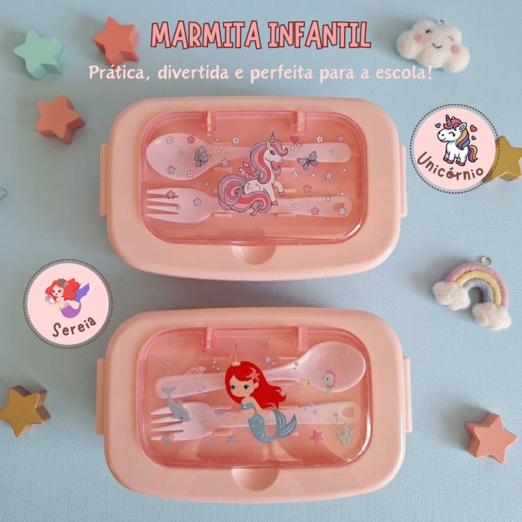 Kit Marmita Infantil 2 Divisórias com Talheres Sereia Unicórnio