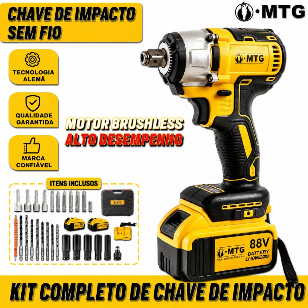 Chave de Impacto Recarregável MTG 88V Motor Sem Escova 300-600N.m Duas Baterias Maleta Acessórios Completos