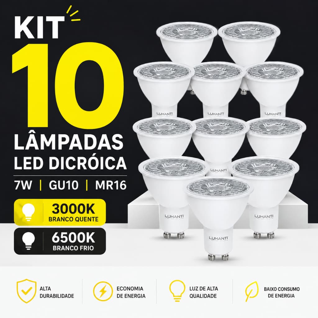 Kit 10 Lâmpadas Dicroica LED 7W MR16 GU10 Bivolt 3000K 6500K Para Spot
