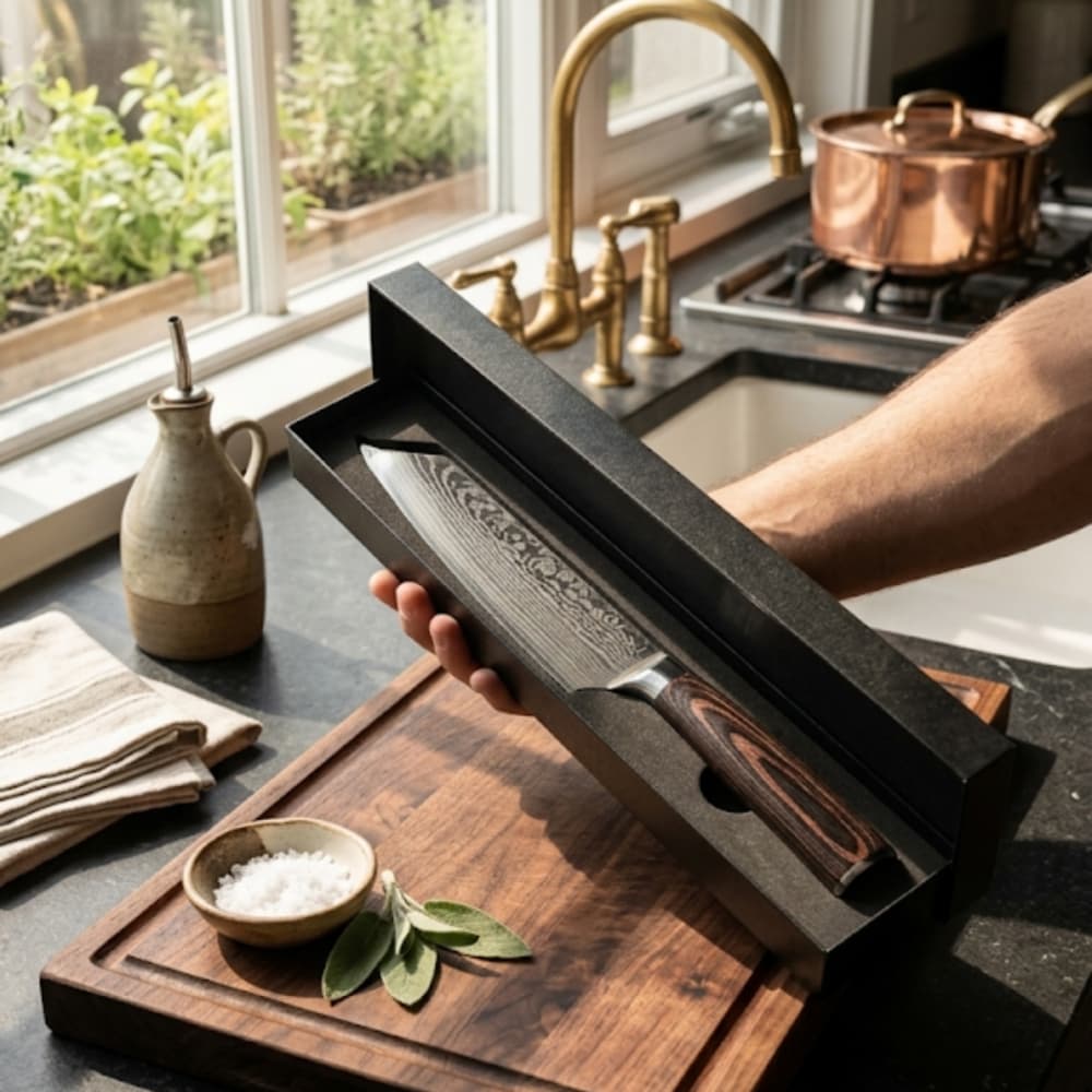Faca Profissional Dallas Estilo Kiritsuke Aço Damascado e Caixa de Luxo
