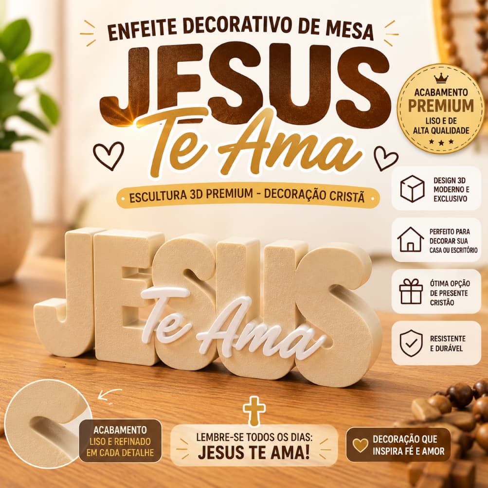 Enfeite Decorativo de Mesa "JESUS Te Ama" - Escultura 3D Premium - Decoração Cristã