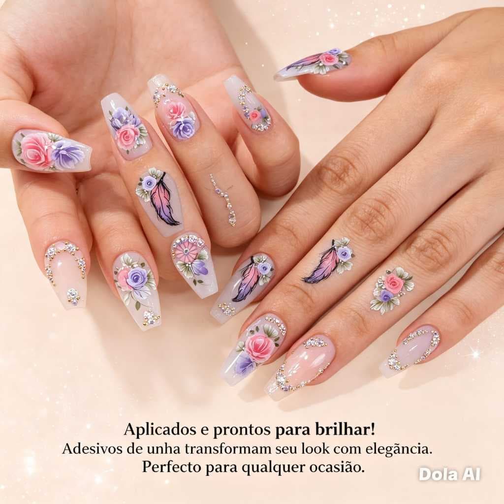 cartela com 12 Adesivos de Unhas 100% Artesanal com Joias Pedrarias adesivos artesanais para unhas