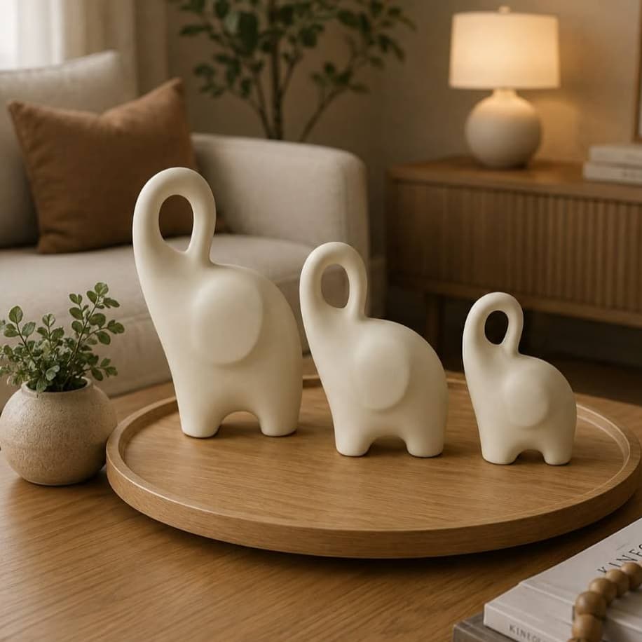 Trio de Elefantes Esculturas Decorativas em Cerâmica Decoração Minimalista Moderna de Sala Mesa Quarto