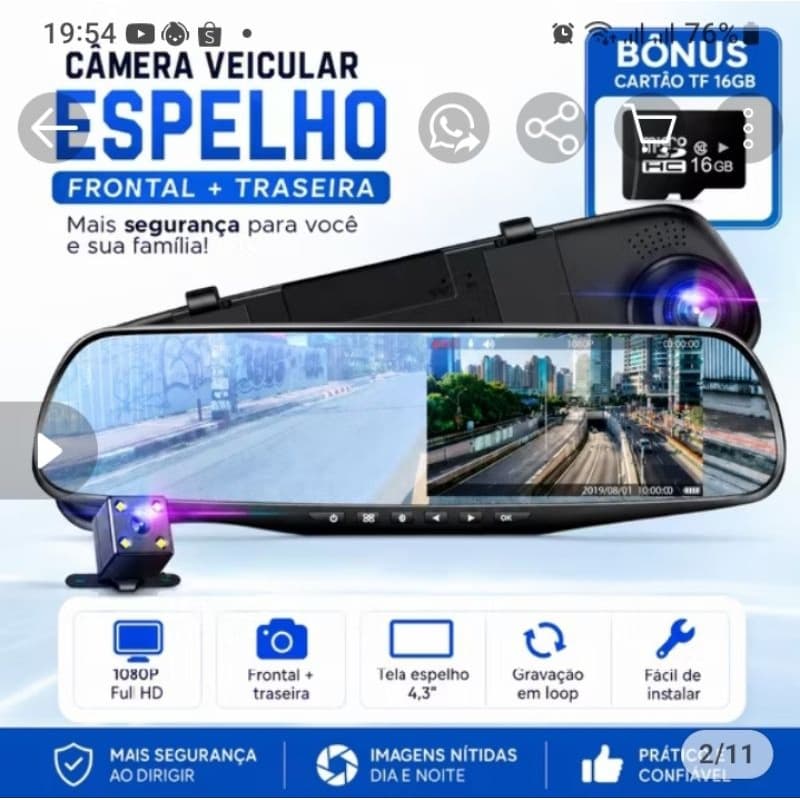 Espelho Retrovisor com Câmera Frontal e Câmera de Ré HD