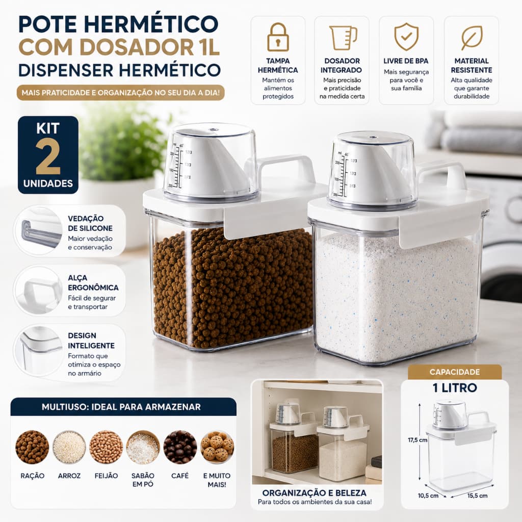 KIT 2 POTE HERMETICO ACRILICO 1 LITRO RESISTENTE PARA RAÇÃO SABÃO LAVANDERIA ORGANIZADA