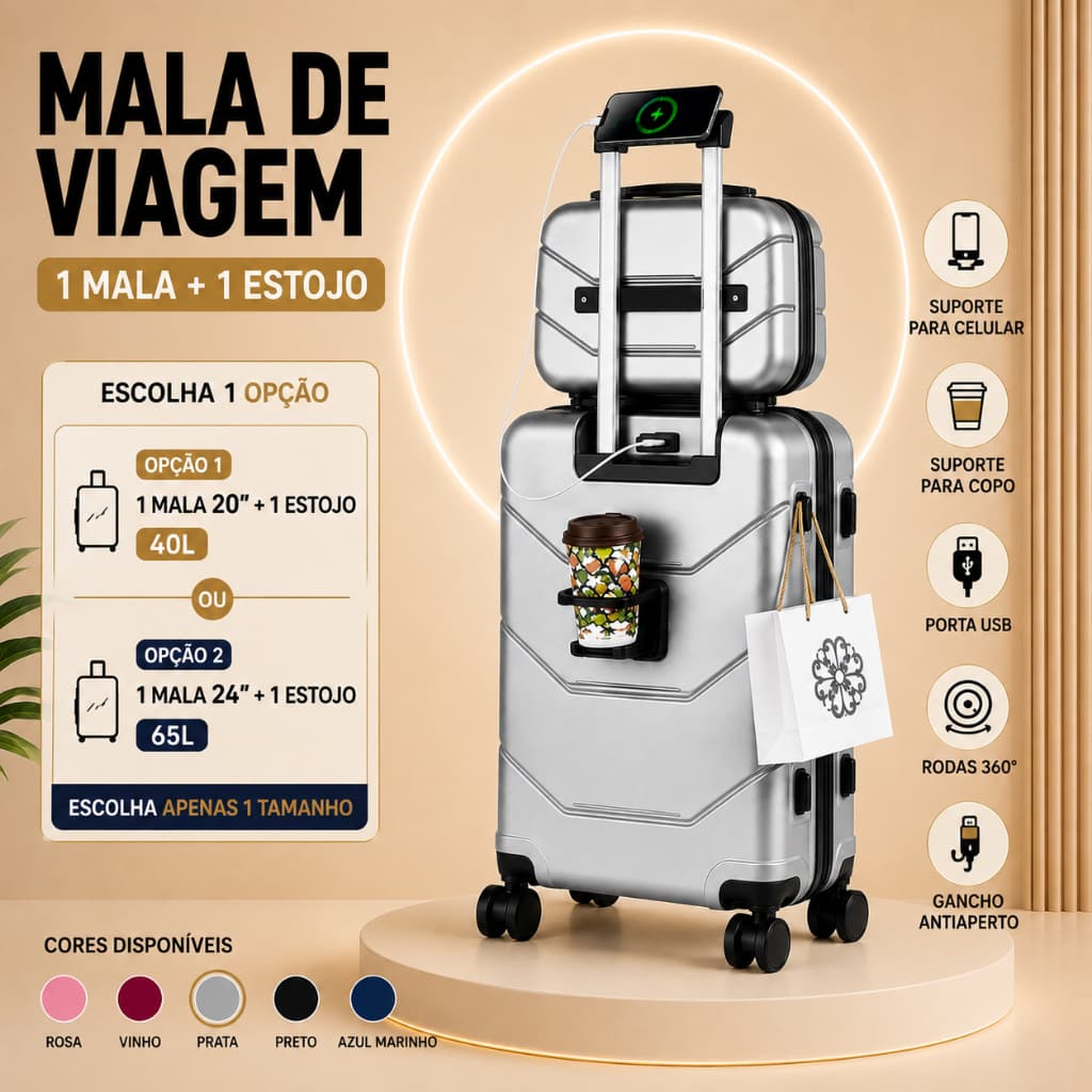 Mala de Viagem com Frasqueira 20" ou 24" Escolha o Tamanho 1 Mala + 1 Estojo ABS Rodas 360° Removíveis