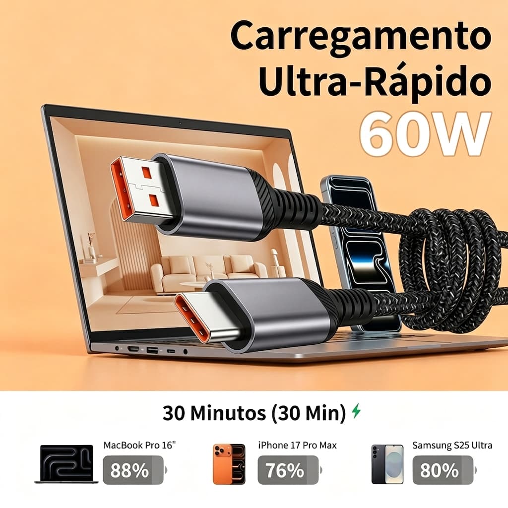 Cabo USB‑A para Tipo‑C 1 Metro Trançado Preto e Branco Carregamento Rápido e Transferência de Dados