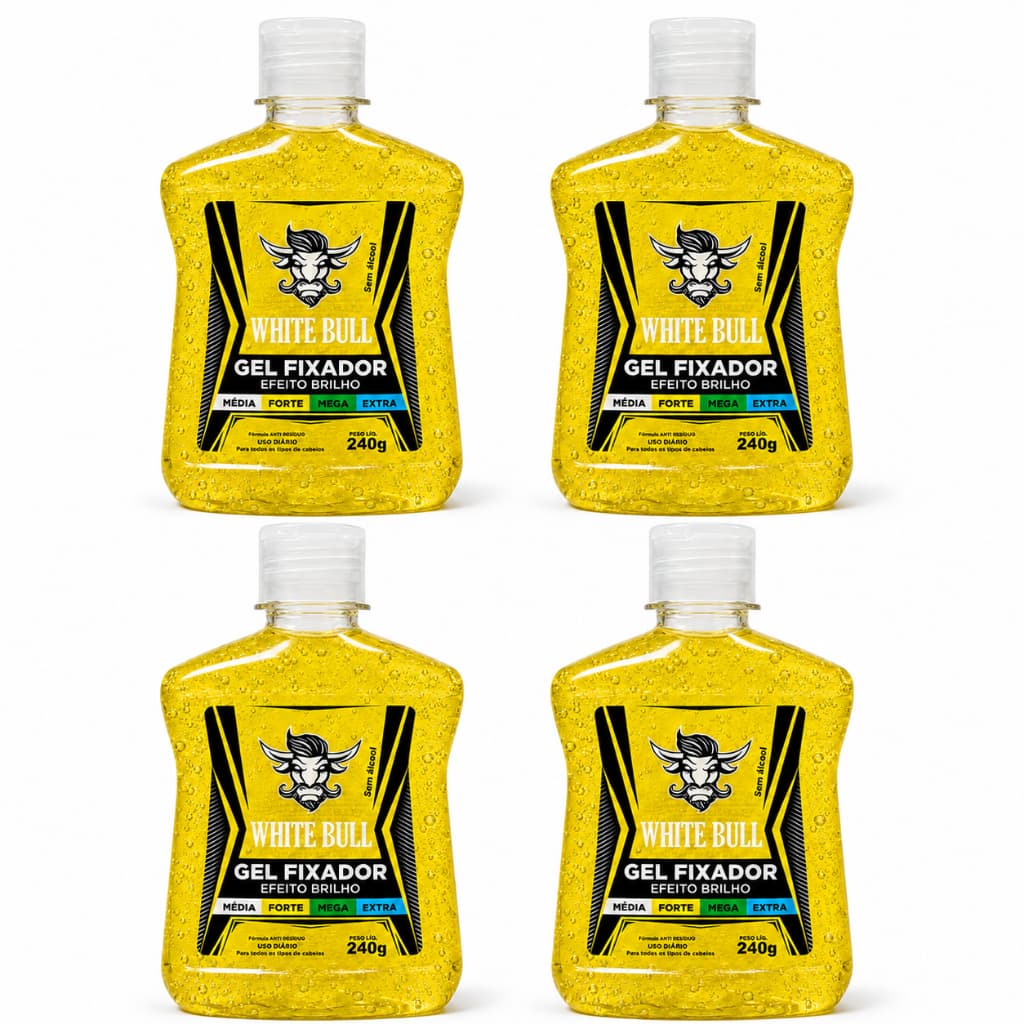 Kit c/ 4 Gel Fixador Forte Efeito Brilho 240g - White Bull Gel de Cabelo Masculino Fixação Forte Brilho