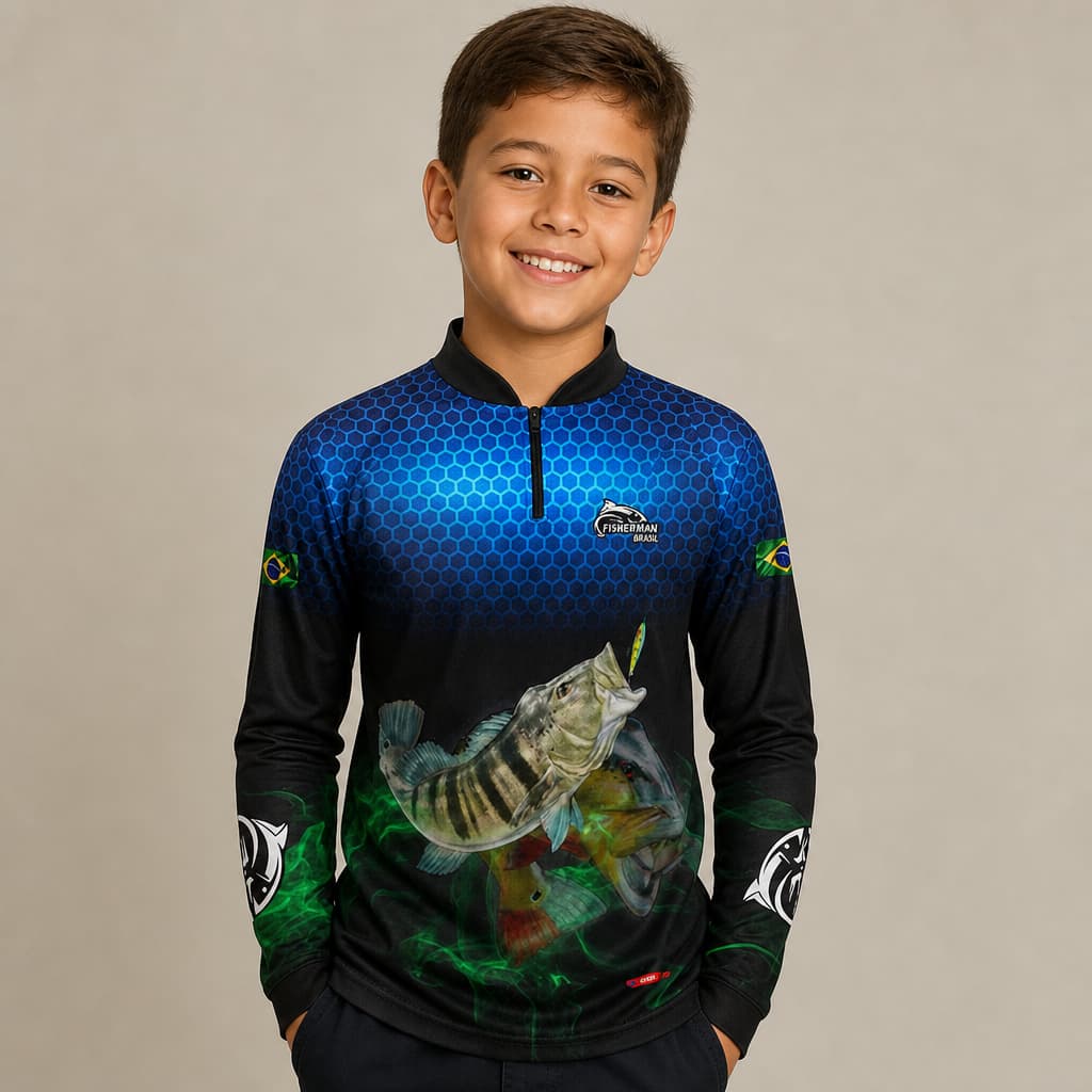 Camisa Camiseta De Pesca Fisherman Brasil Tucunare Infantil