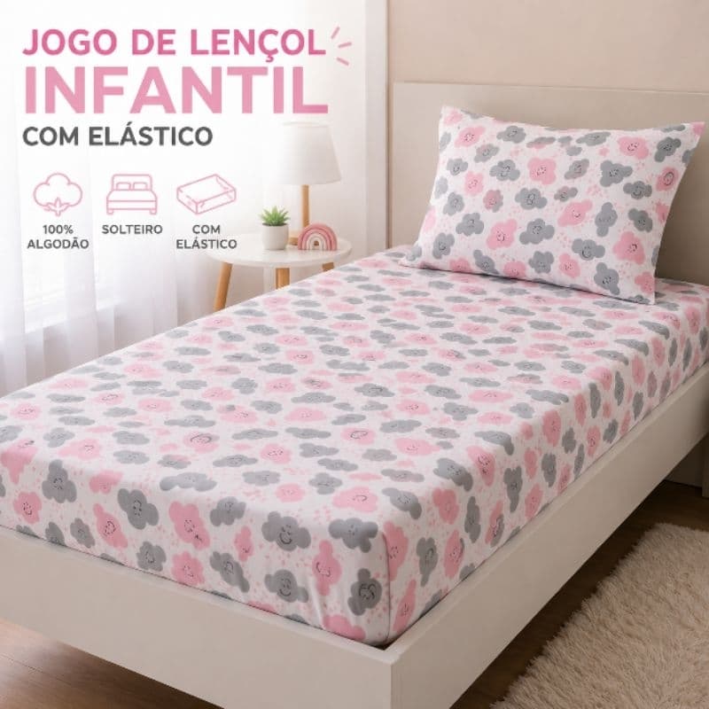 Jogo de Lençol 3 peças  Infantil   Cama Solteiro Algodão Lençol com Elástico e Fronha 1.88x88x30 elástico  na volta toda