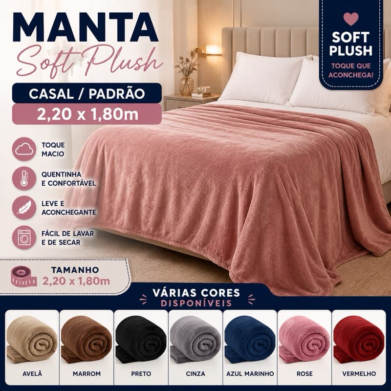 Manta Soft Plush Casal/Padrão 2,20 x 1,80 Cobertor Quentinho Premium Toque Macio Várias Cores