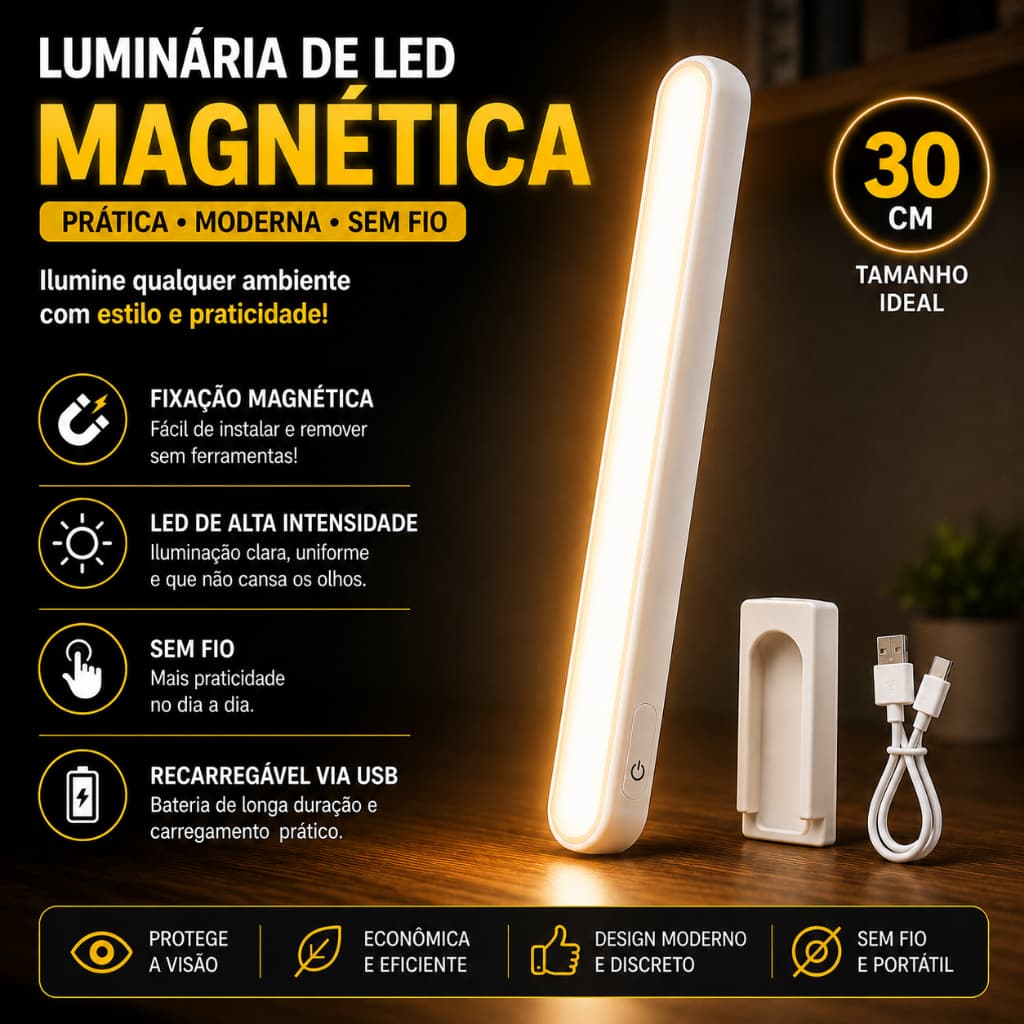 Kit 2 Luminárias LED Magnéticas 30cm Recarregáveis USB Sem Fio Slim