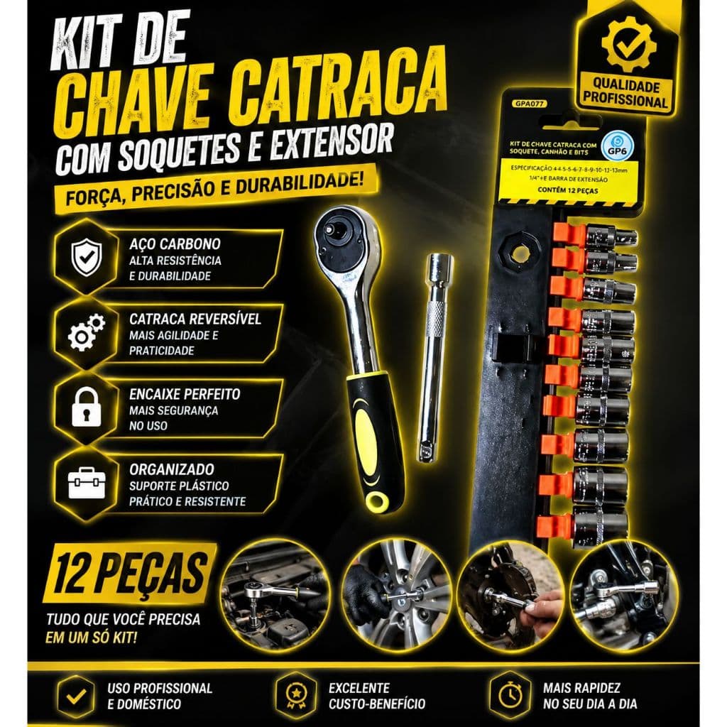 Kit Chave Catraca 1/4 Soquete 4 a 13mm 12 Peças | Jogo de Chave Catraca + Soquetes | Kit Ferramentas Catraca 1/4