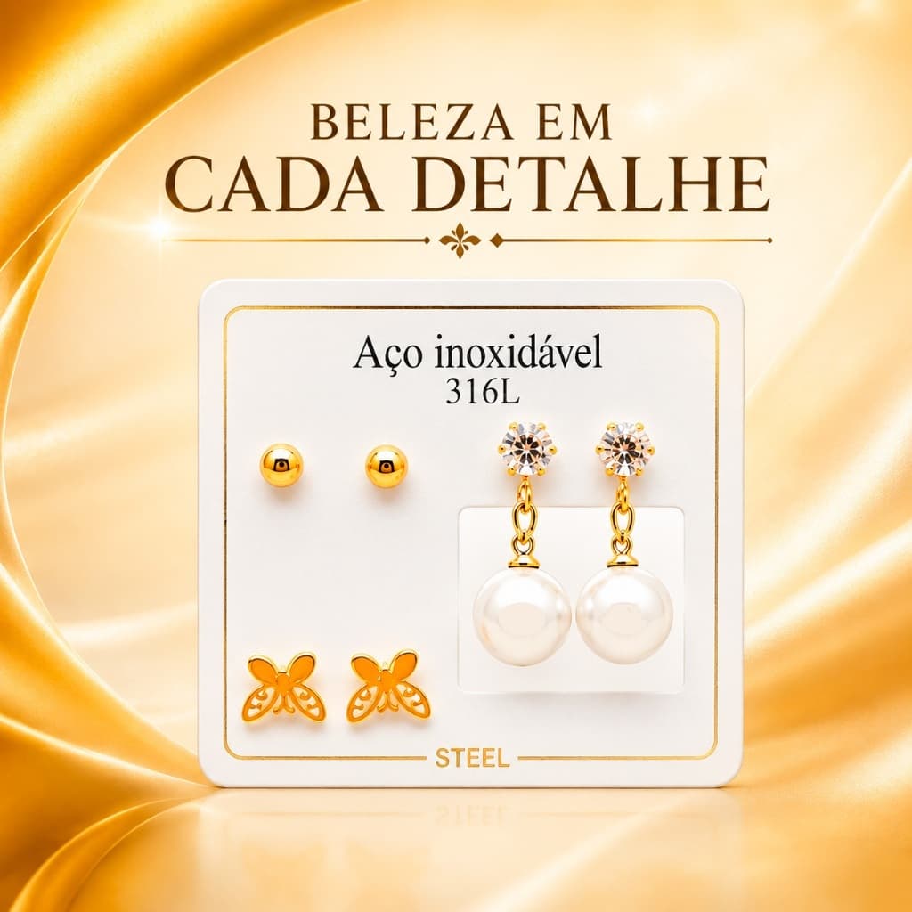 Brinco Pérola Aço Inoxidável 316L Ponto De Luz Borboleta Anti Alérgico Dourado Trio Durável