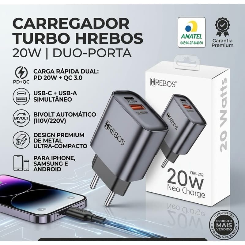 Carregador Turbo 20W Hrebos CRG-232 USB + USB-C PD Carga Rápida Bivolt para iPhone Samsung Android