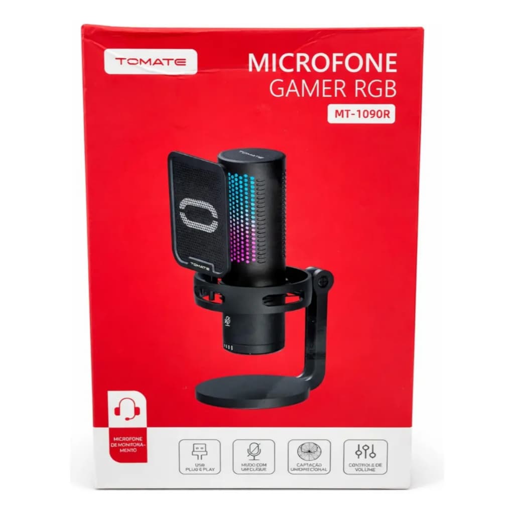 Microfone Gamer Condensador RGB Tomate MT-1090R USB Cardioide Mute P2 Pop Filter Streaming Podcast PC Notebook