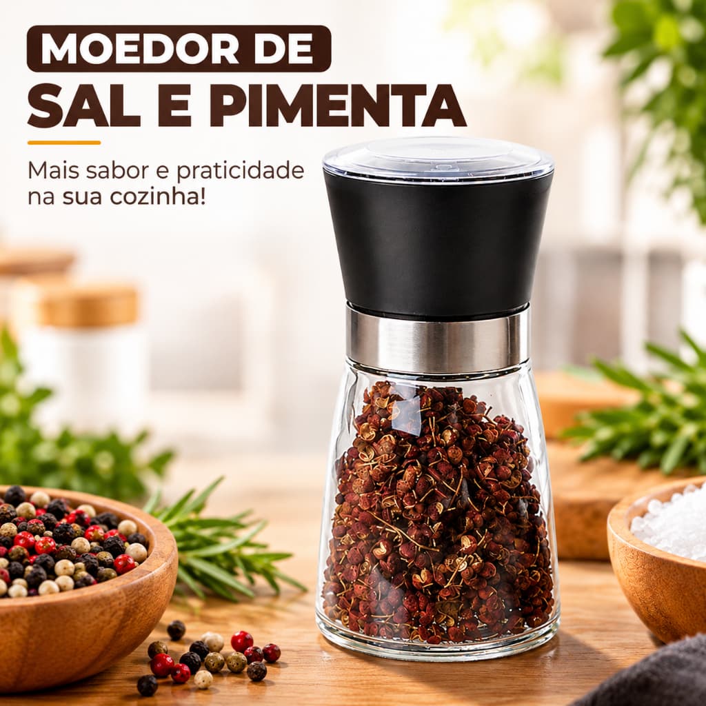Moedor de Sal Pimenta com Regulador Manual 180ml Vidro Premium Inox Especiarias Moedores Temperos Condimentos