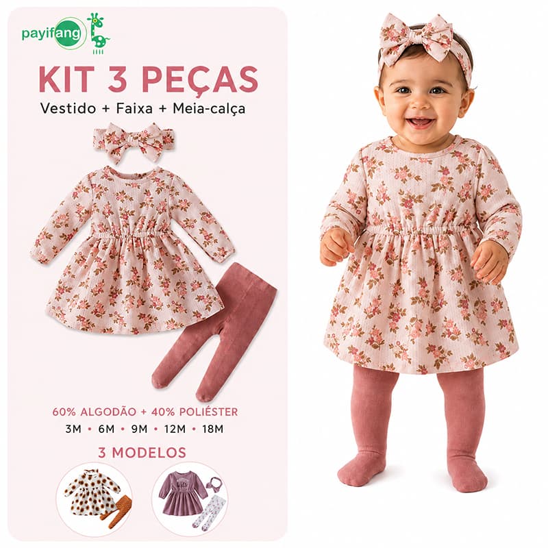 Vestido Bebe Menina Luxo Payifang Conjunto 3 Peças Manga Longa Faixa Meia-Calça Infantil 3M a 18M
