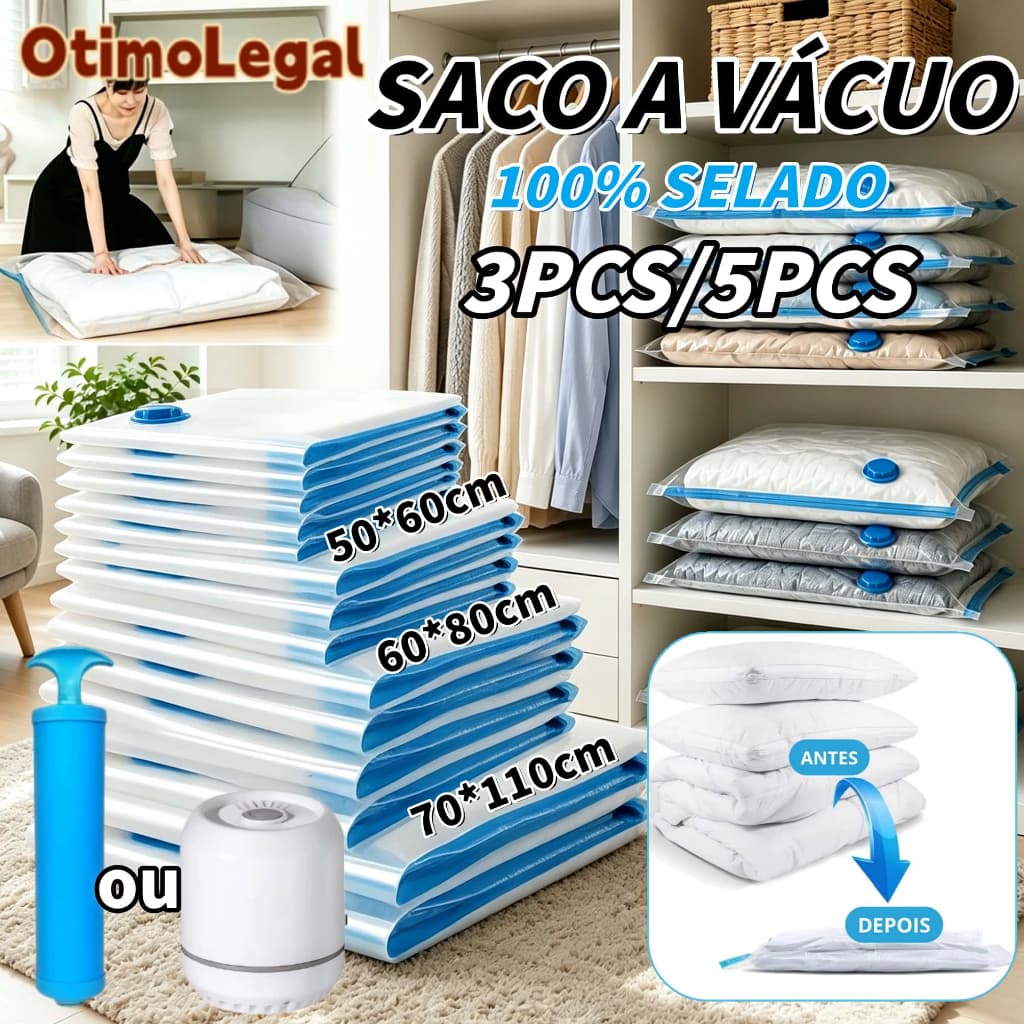 Kit 5/3 Saco a Vacuo + COM ou SEM Bomba Manual Organização de Roupas Mala Viagem Guarda Roupas