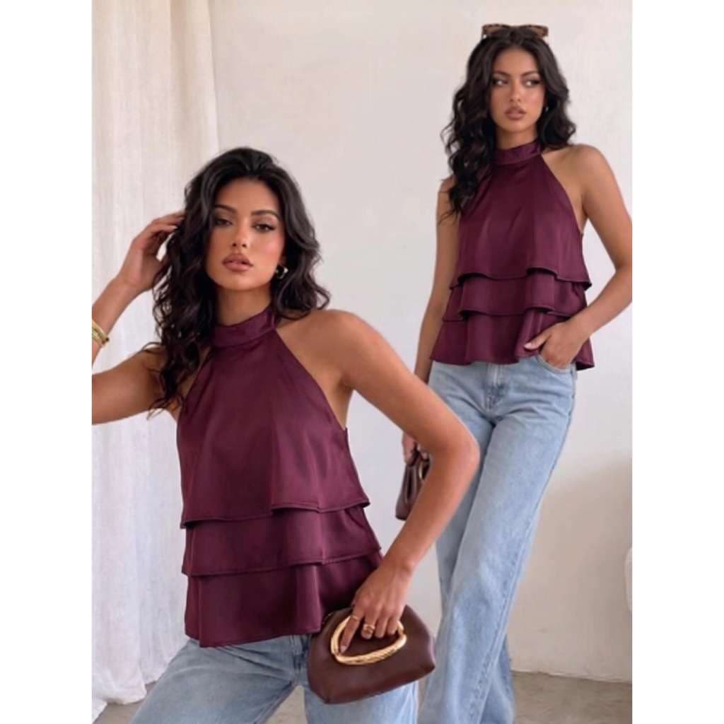 Blusa Feminina Halter Cetim Gola Alta Sem Mangas Babados Sobrepostos Caimento Perfeito Várias Cores Disponíveis