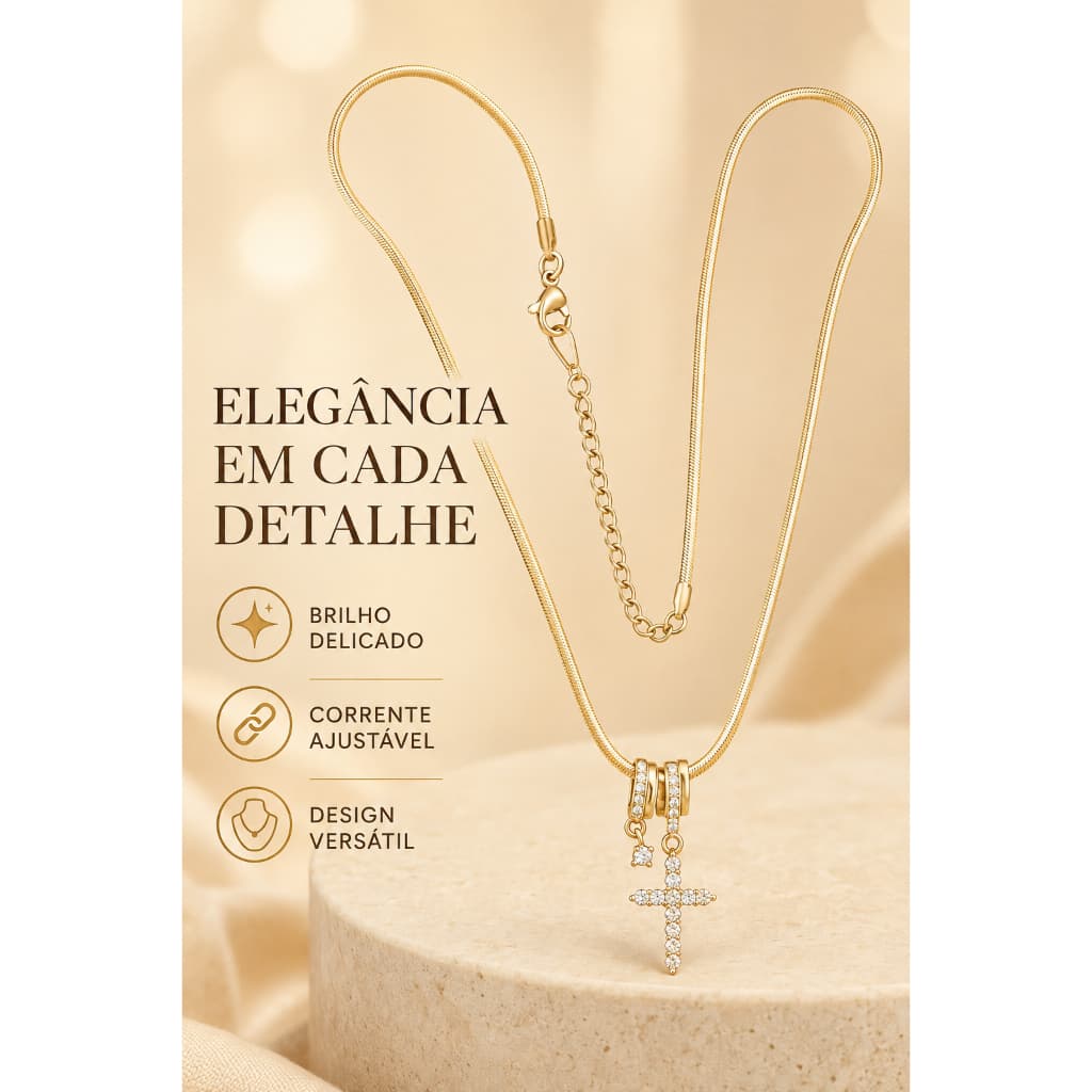 Colar Feminino Dourado com Pingente de Cruz Cravejada e Corrente Ajustável