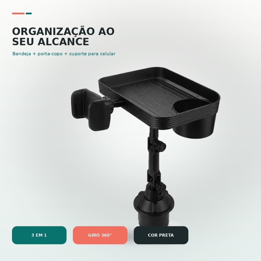 Suporte Veicular Multifuncional para Porta-Copos – Bandeja e Suporte de Celular para Carro