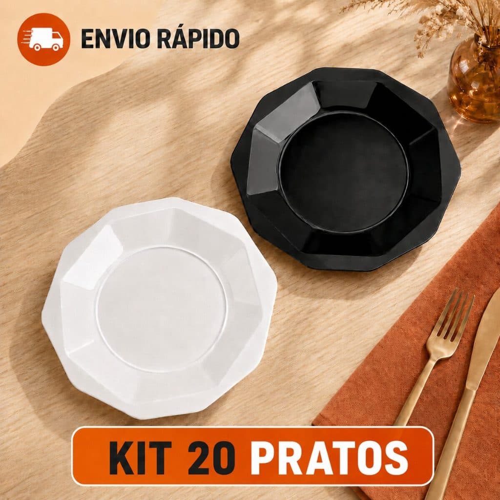 Jogo com 20 Pratos Oitavados Reutilizáveis 25 cm em PP para Almoço Churrasco Festas e Eventos