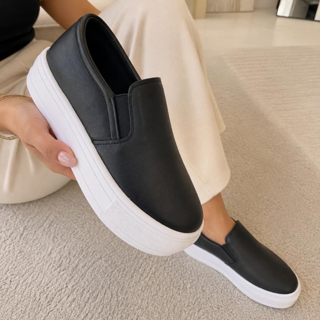 Tênis Feminino Plataforma Slip On Tressé Trançado Sola Alta Moda Conforto