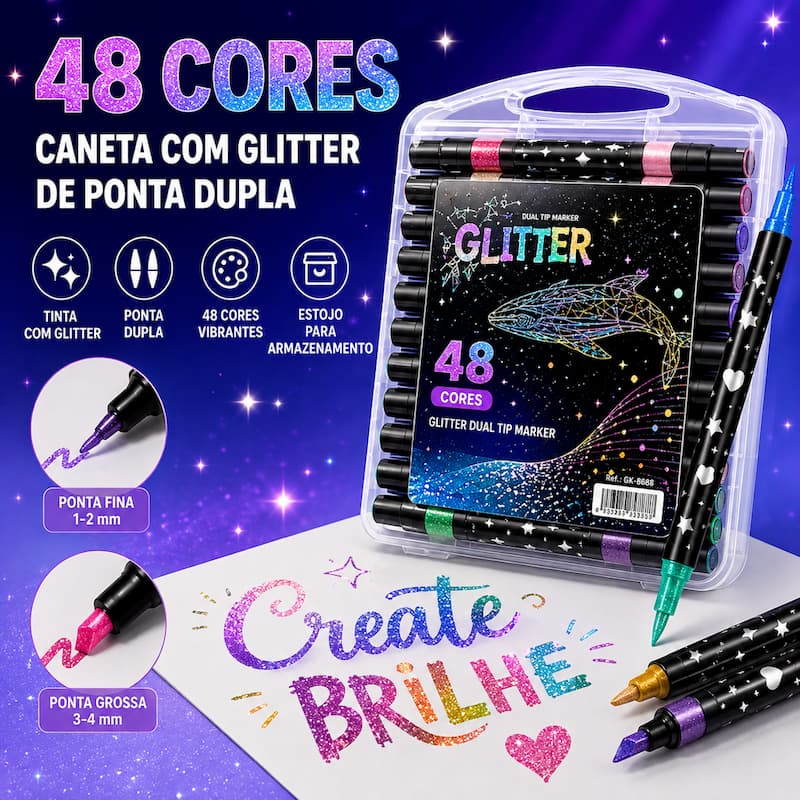 Caneta Marcadora Glitter Ponta Dupla 12/24/36/48 Cores para Lettering Desenho Escolar