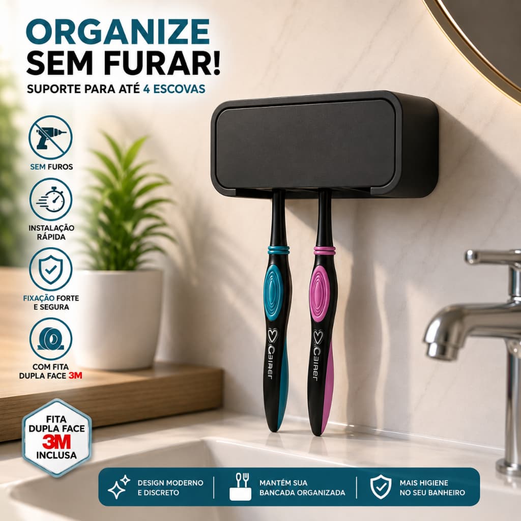 Porta Escovas de Dente Parede Fixação Sem Furo Suporte Para até 4 Escovas com Fita Dupla Face Forte Organizador Banheiro