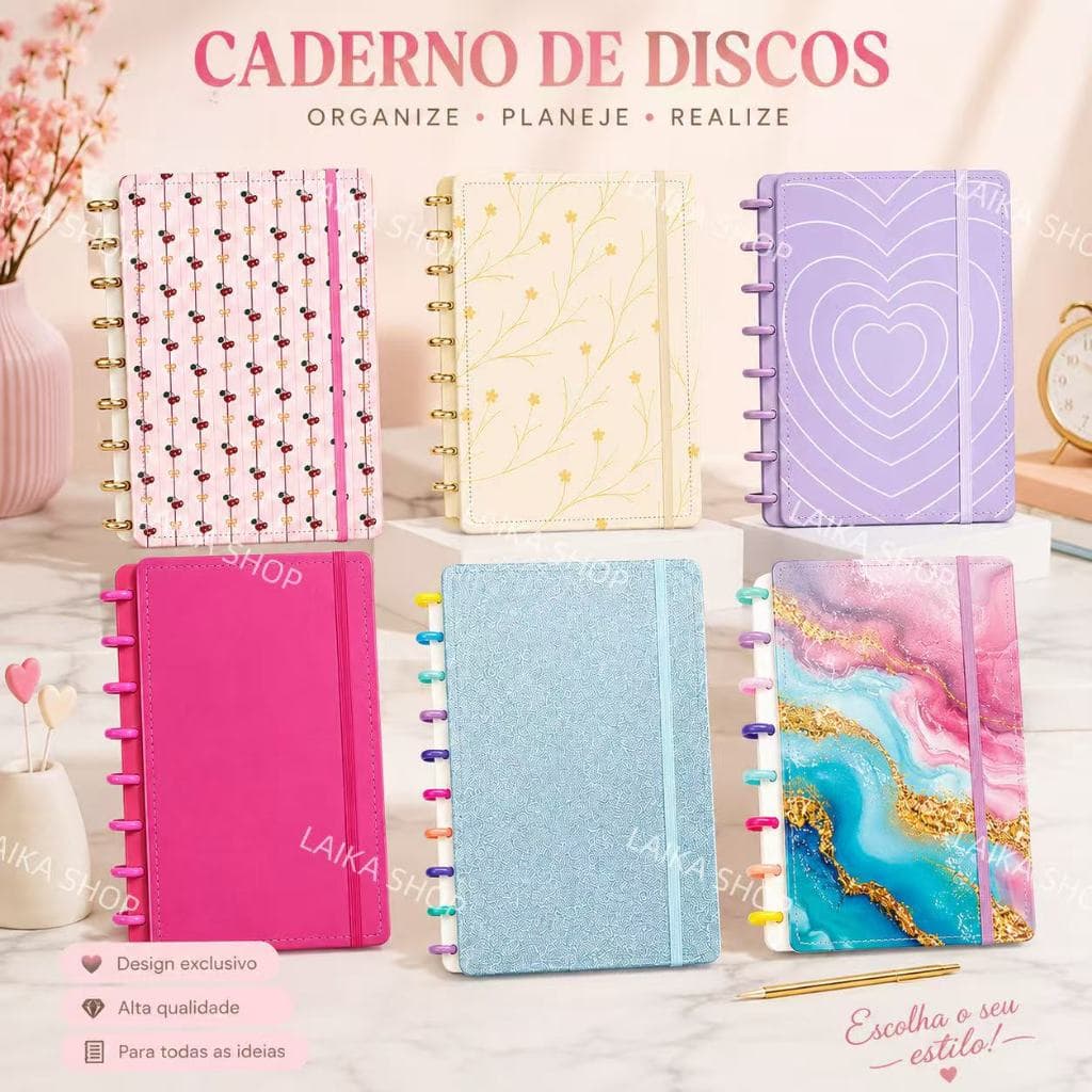 Caderno tipo Inteligente A5/B5/A4 Sistema de Discos e Fechamento em Elástico Capa dura Planner