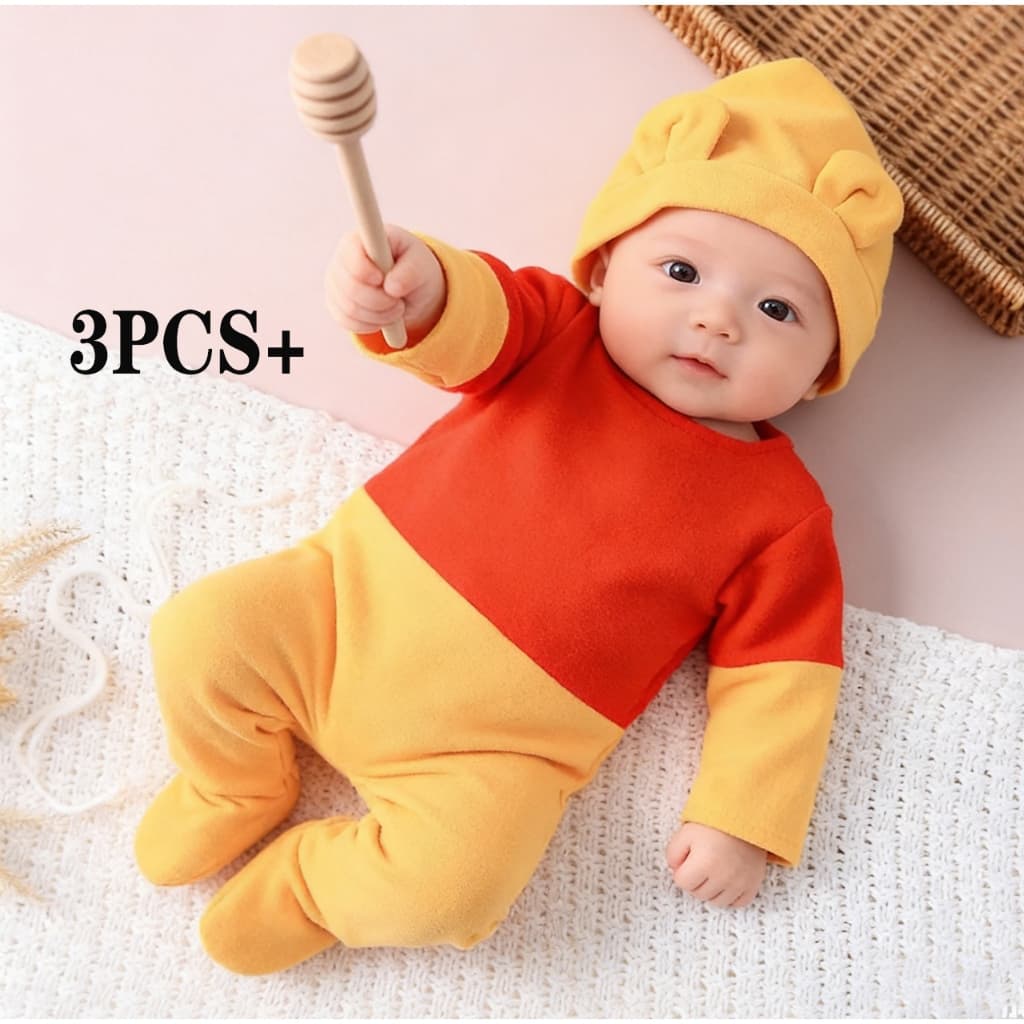Conjunto Newborn 3 Peças Bebê Recém-Nascido 0- 3 meses  Macacão com Pé e Gorro Urso para Ensaio Fotográfico