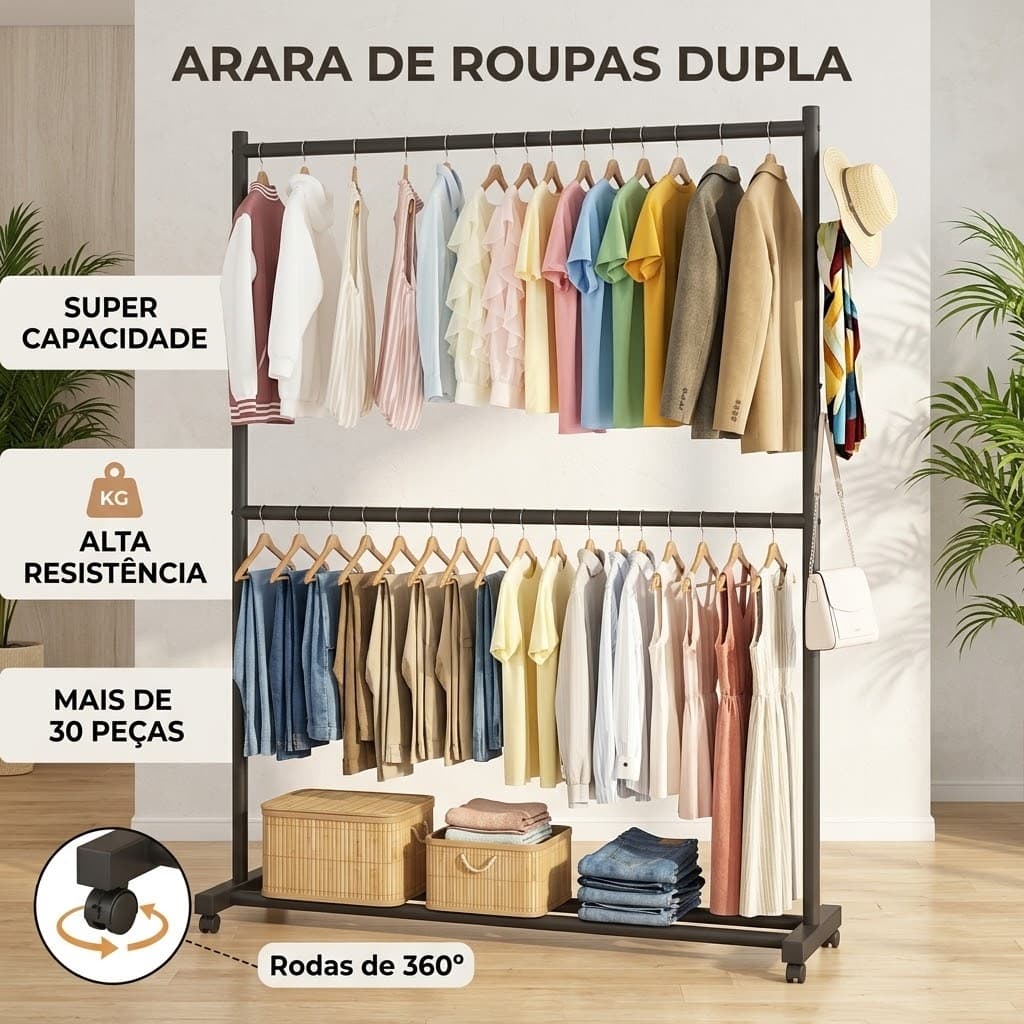 Guarda roupa Duplo em Ferro - Suporta Peso, Não Balança, Design Minimalista para Quartos Pequenos e Closet 120*200cm
