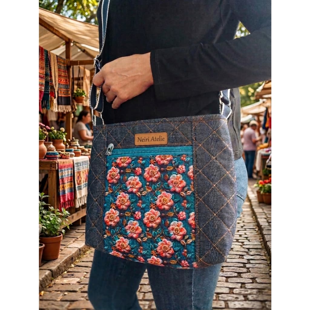 Conjunto Bolsa transversal em jeans com estampa na aba e alça regulável