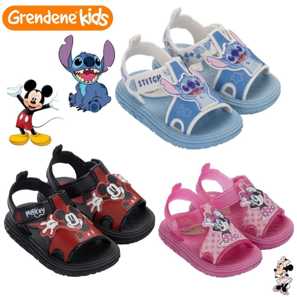 Sandália Infantil Disney Happy Baby Grendene Stitch, Mickey e Minnie Bebê Menino Menina Verão Passeio Velcro