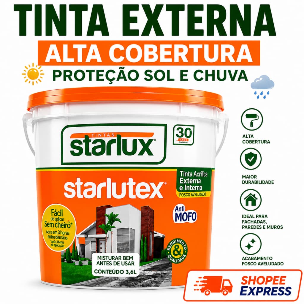 Tinta Acrílica Starlutex Externa Para Parede Fachada Alta Cobertura Resistente Sol e Chuva