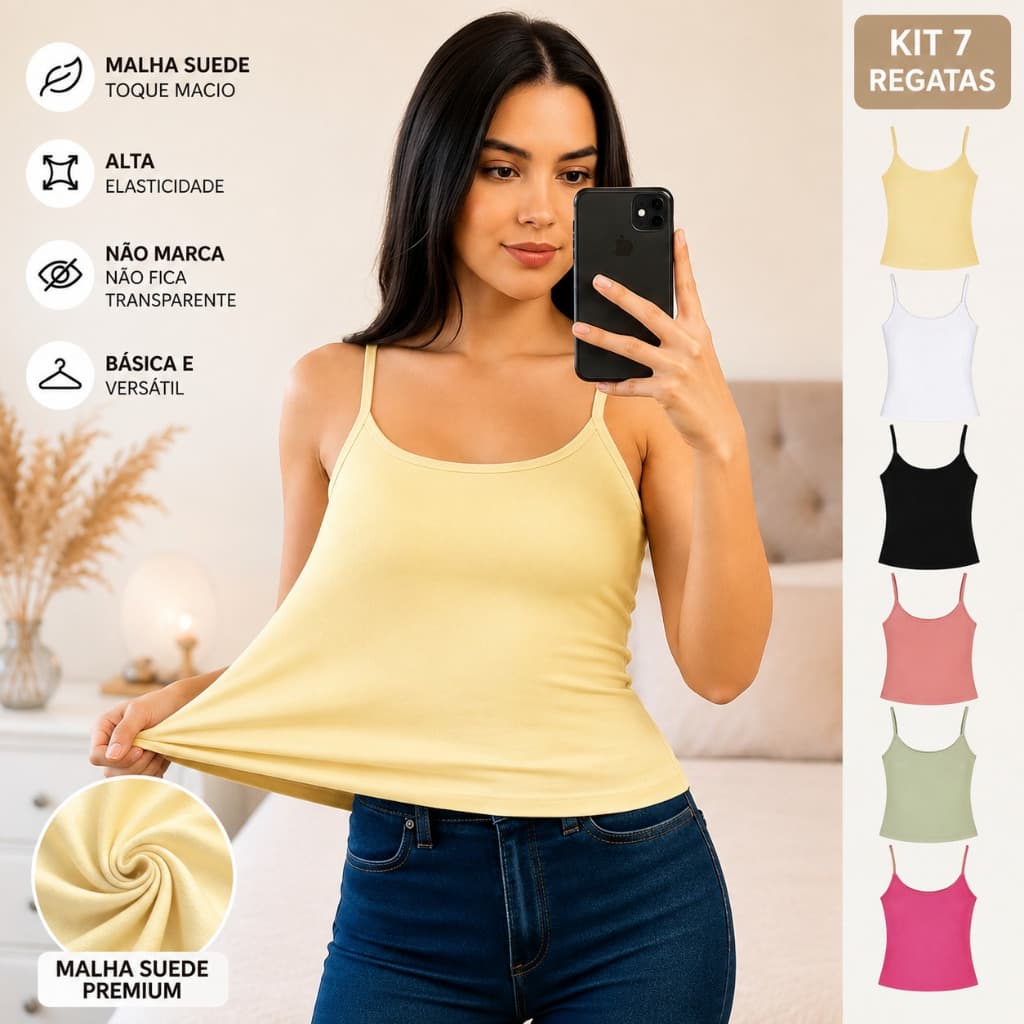 Kit 7 Blusa Feminina Regata de Alça Blusinha Feminina Básica Malha Suede P M G