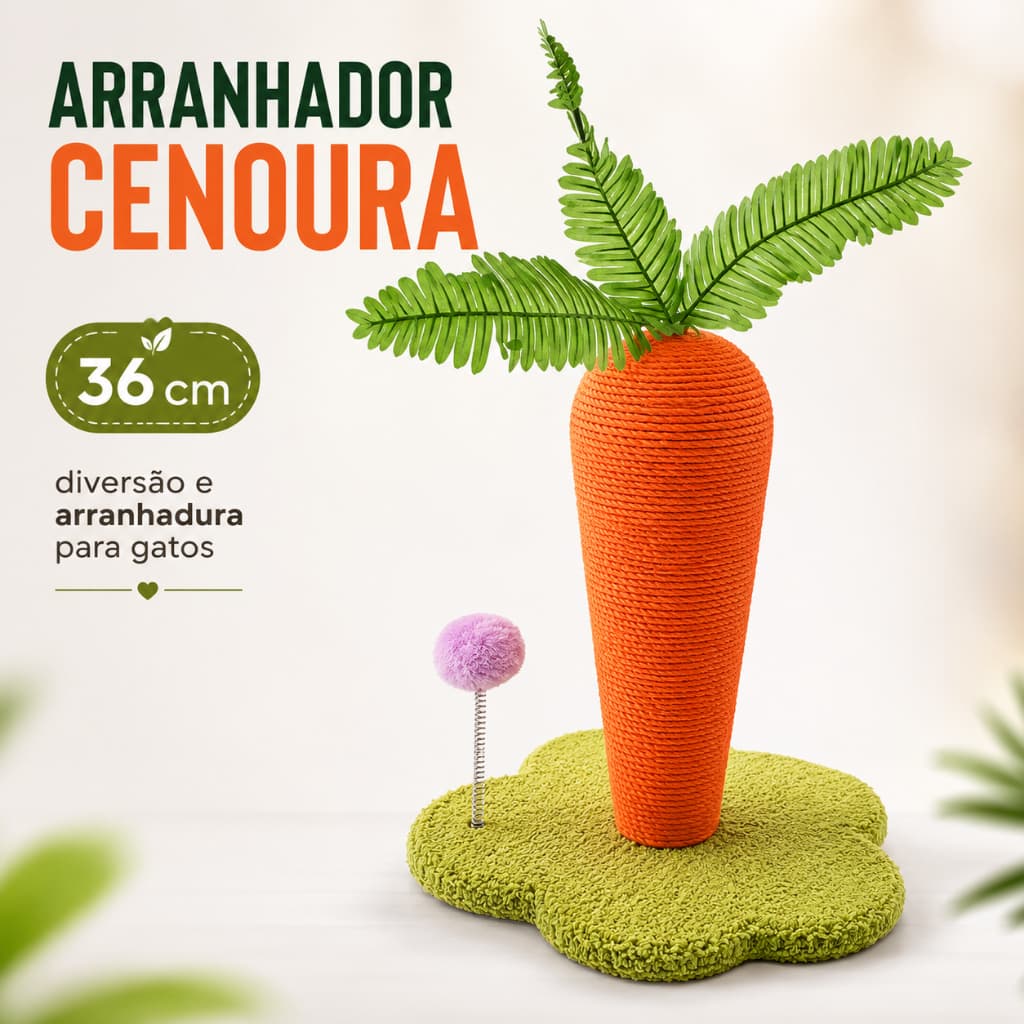 Arranhador Cenoura para Gatos 36cm com Bolinha Interativa e Base Macia