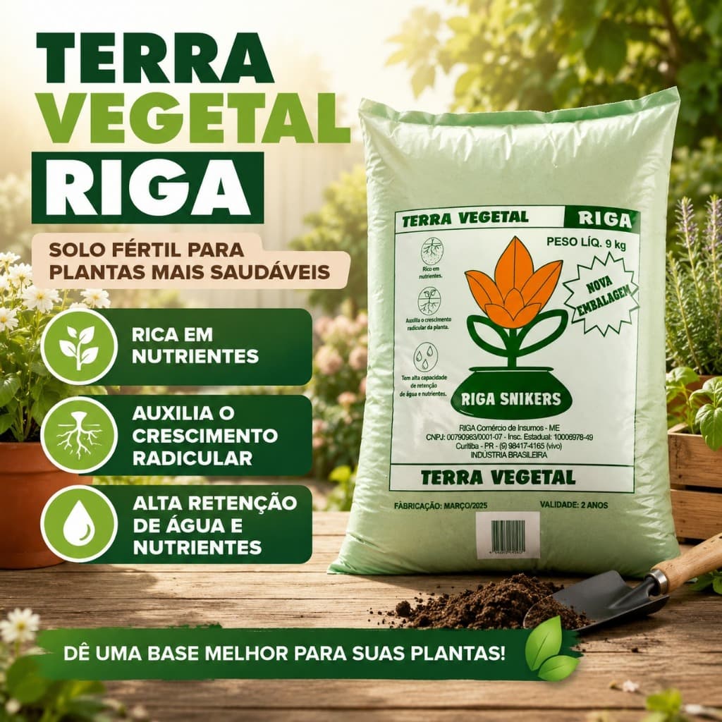 Terra Vegetal Adubada RIGA 9kg Pronta para Plantio Solo Fértil Rico em Nutrientes Vasos Hortas Jardins e Flores
