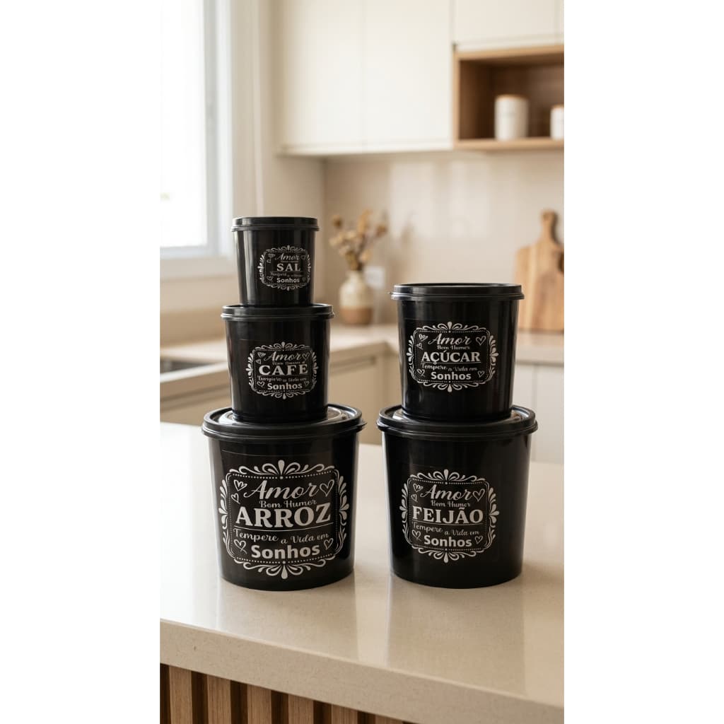 Kit 5 Potes para Mantimentos Preto organizador de alimentos