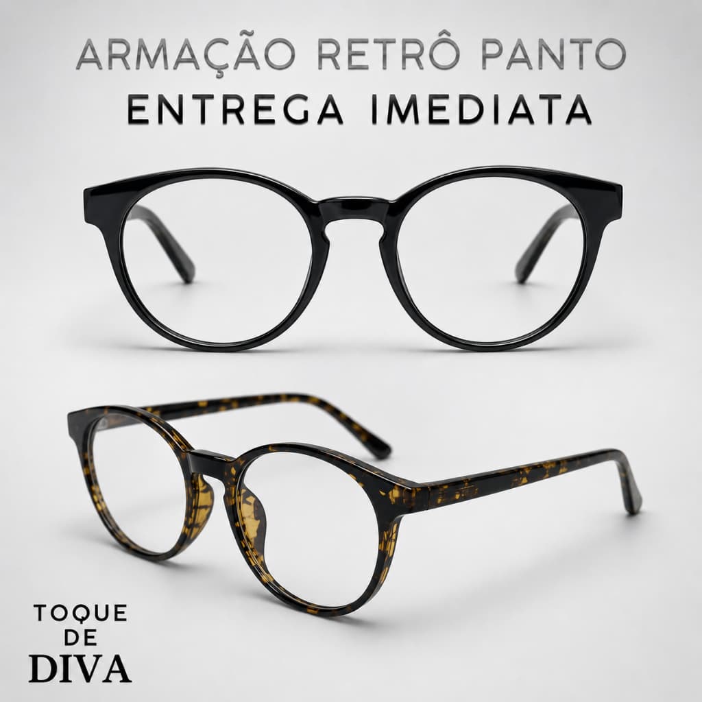 Armação Óculos de Grau Redonda Retrô Panto Vintage Clássica Unissex Preto e Tartaruga