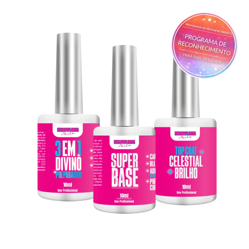 KIT 3EM1, GEL BASE E TOP COAT DESCOMPLICADA NAILS - UNHAS EM GEL UV PRIMER TOP COAT GEL BASE