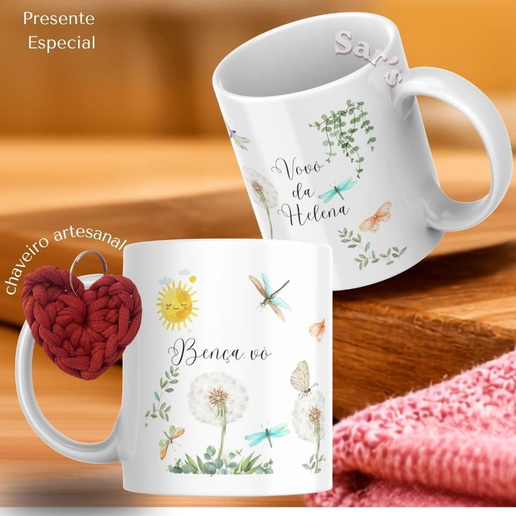 Caneca personalizada Bença Vó-Vô-Dinda-Dindo + chaveiro coração + caixa presente - Xícara Porcelana