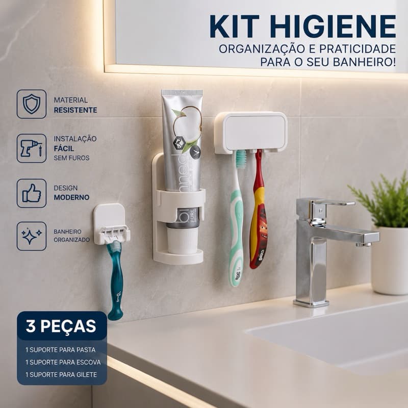 Kit Organizador de Banheiro Porta Escova Barbeador Gilete Pasta de Dente Sem Furar e higiênico