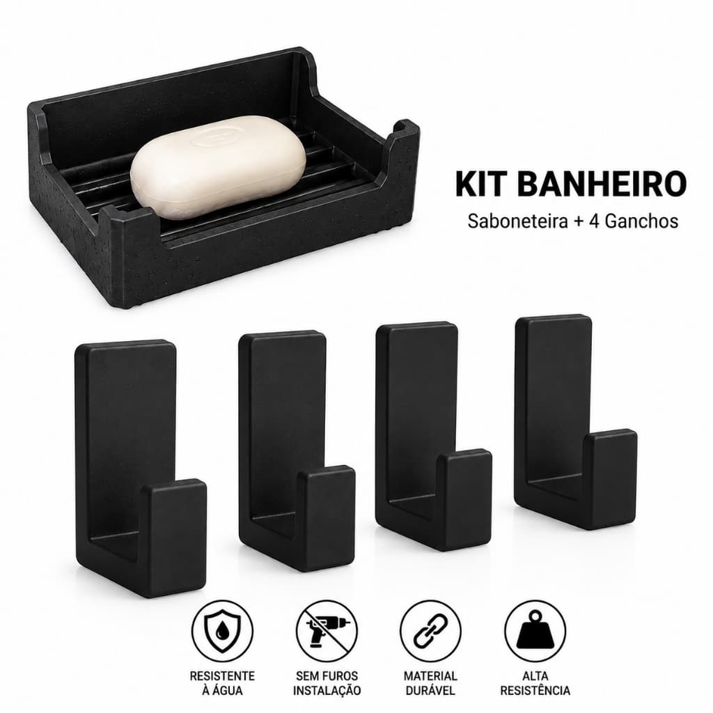 Kit Saboneteira 4 Gabideiro Suporte Toalha sem Furação Fita Adesiva tipo 3M