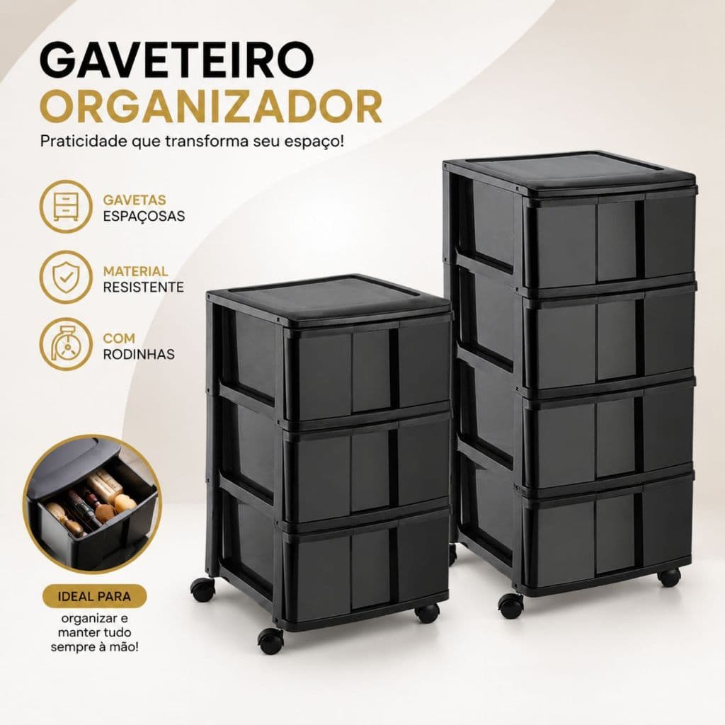 Gaveteiro Organizador Grande 3 E 4 Gavetas De Chão Com Rodas Cozinha Escritorio Quarto Plástico Multiuso